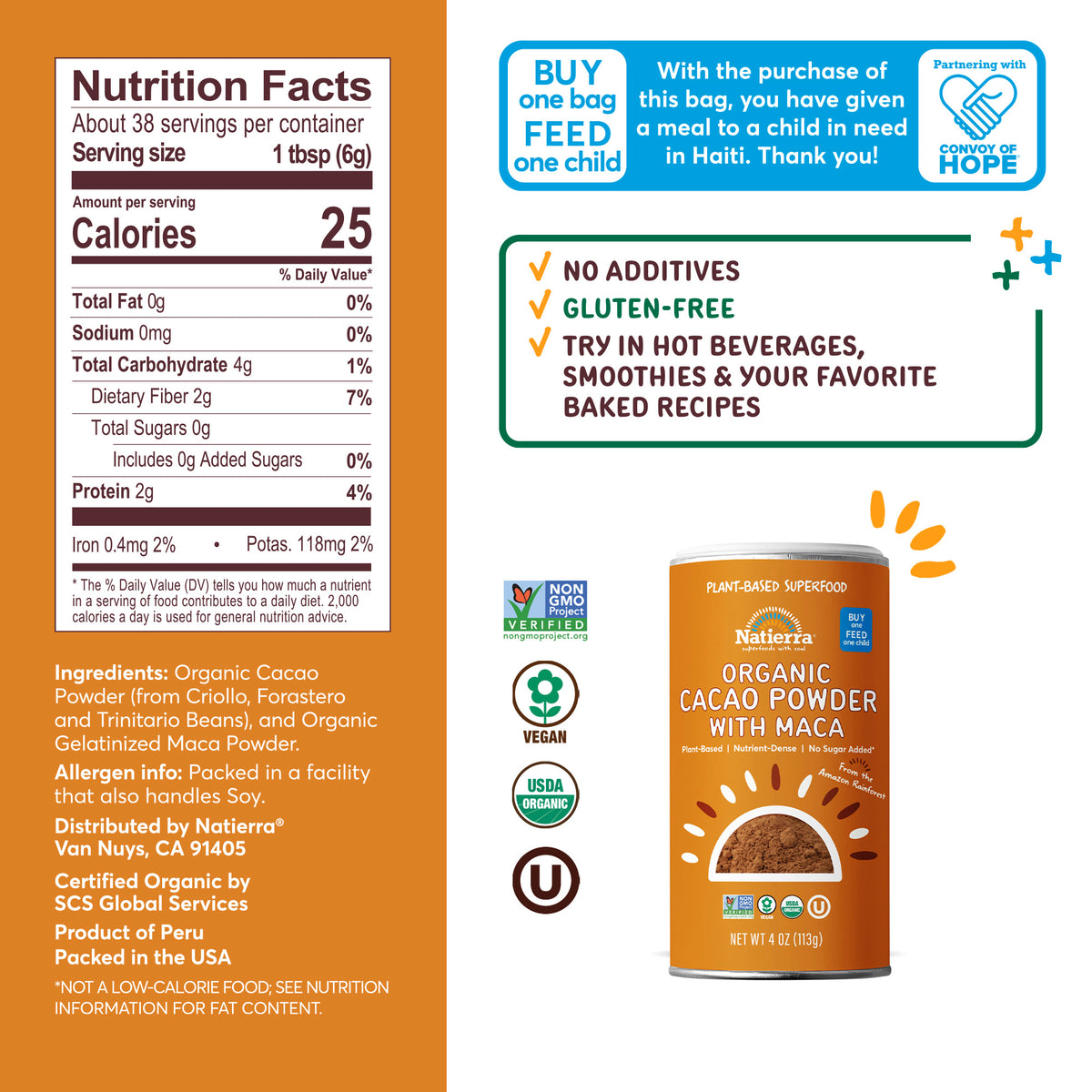 Nutritional Fact Panel Information of Organic Cacao Powder with Maca