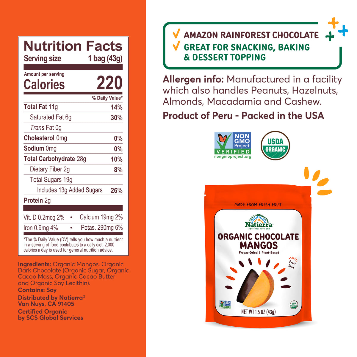 Nutritional Fact Panel Information of Organic Chocolate Mangos