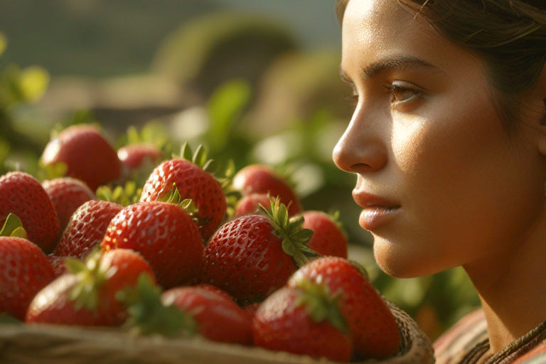 Strawberries in a basket with a woman in the backgrou