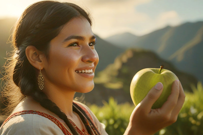 Woman smiling with a green apple