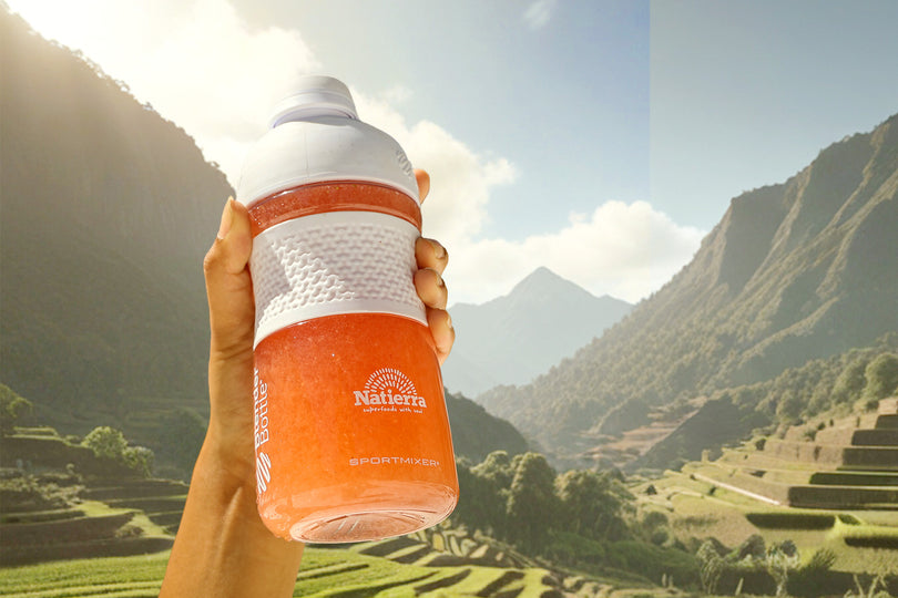 Bottle with orange drink in scenic mountains