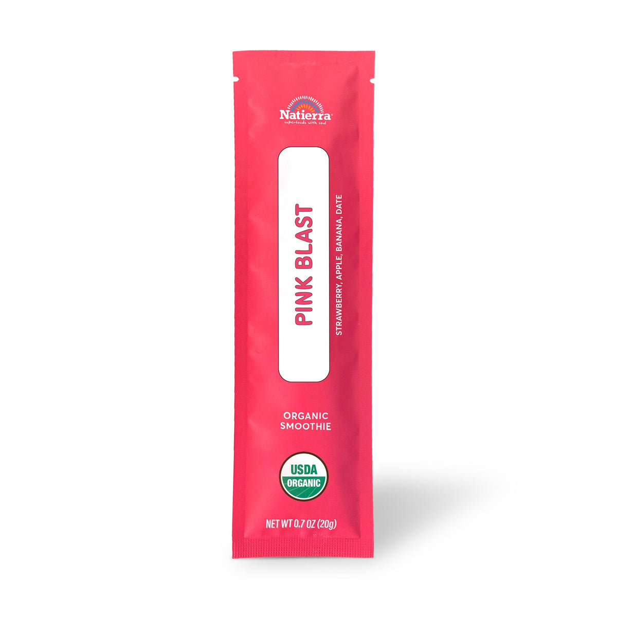 Natierra Pink Blast Organic Smoothie individual stick pack on a white background