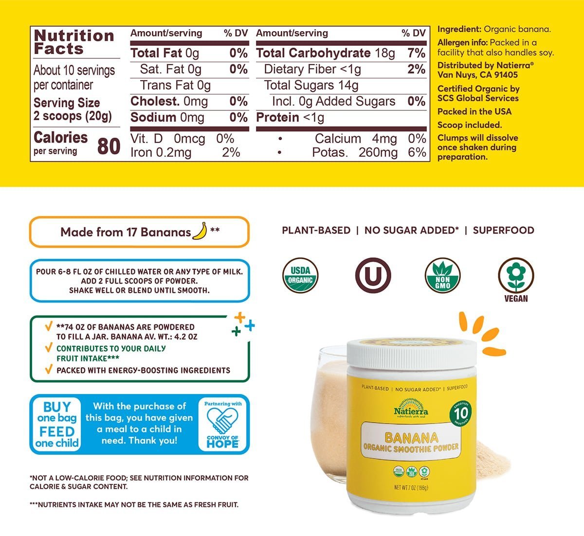 Nutritional Fact Panel Information of Banana Organic Smoothie