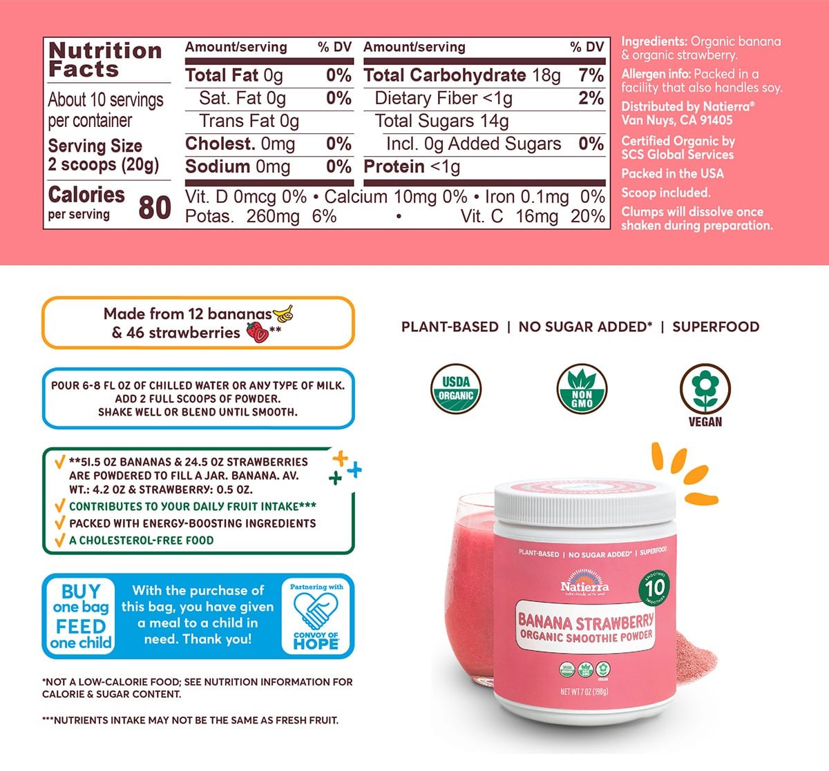 Nutritional Fact Panel Information of Banana Strawberry Organic Smoothie