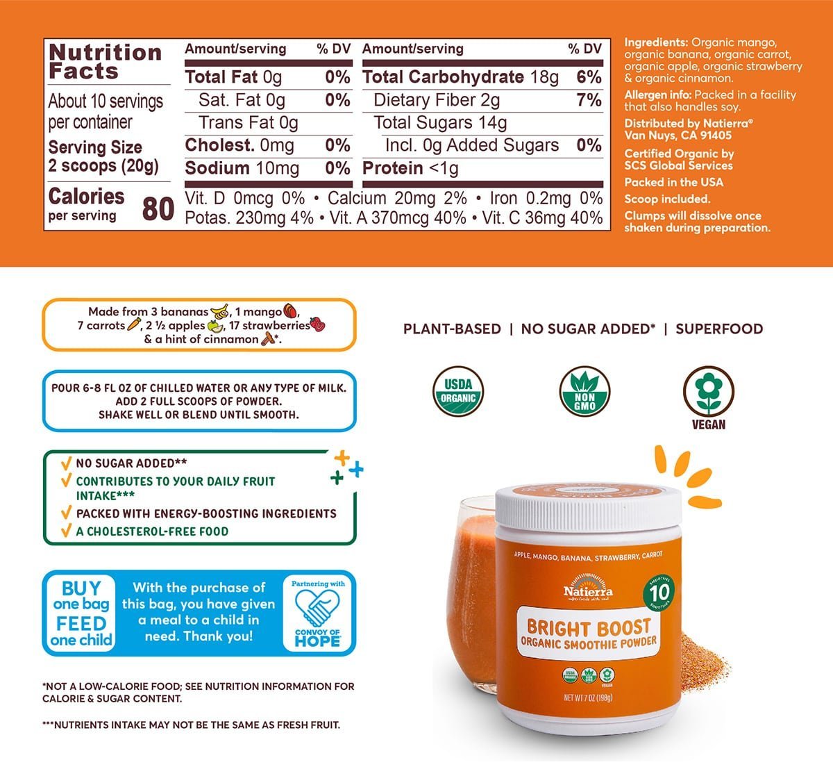 Nutritional Fact Panel Information of Bright Boost Organic Smoothie