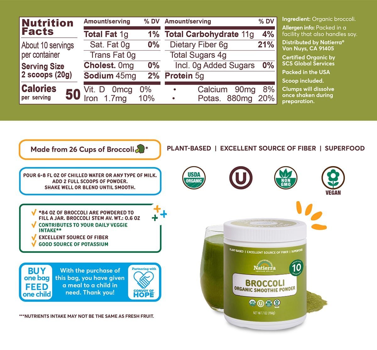 Nutritional Fact Panel Information of Broccoli Organic Smoothie