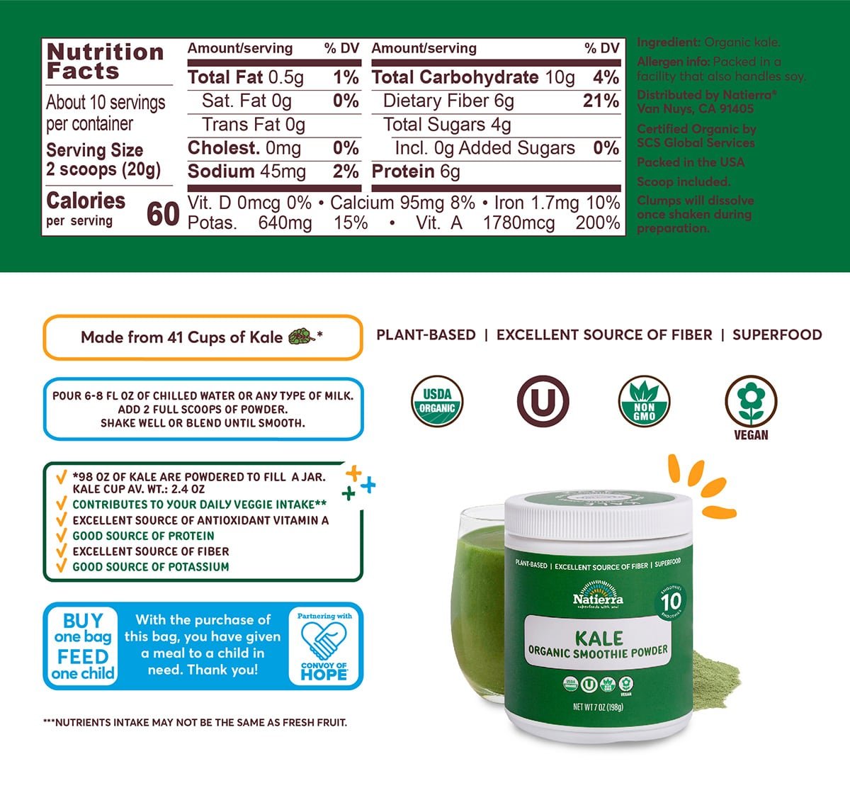 Nutritional Fact Panel Information of Kale Organic Smoothie