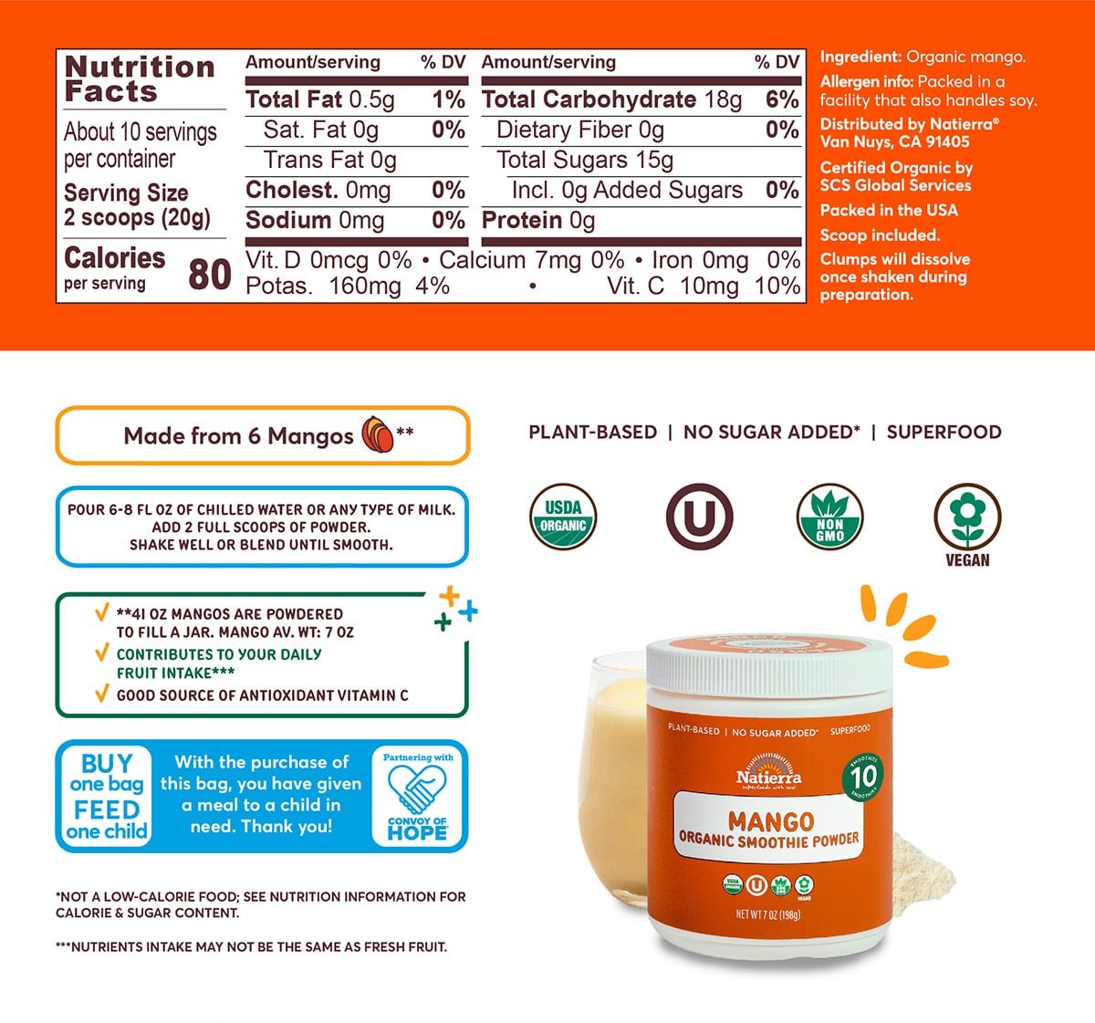Nutritional Fact Panel Information of Mango Organic Smoothie