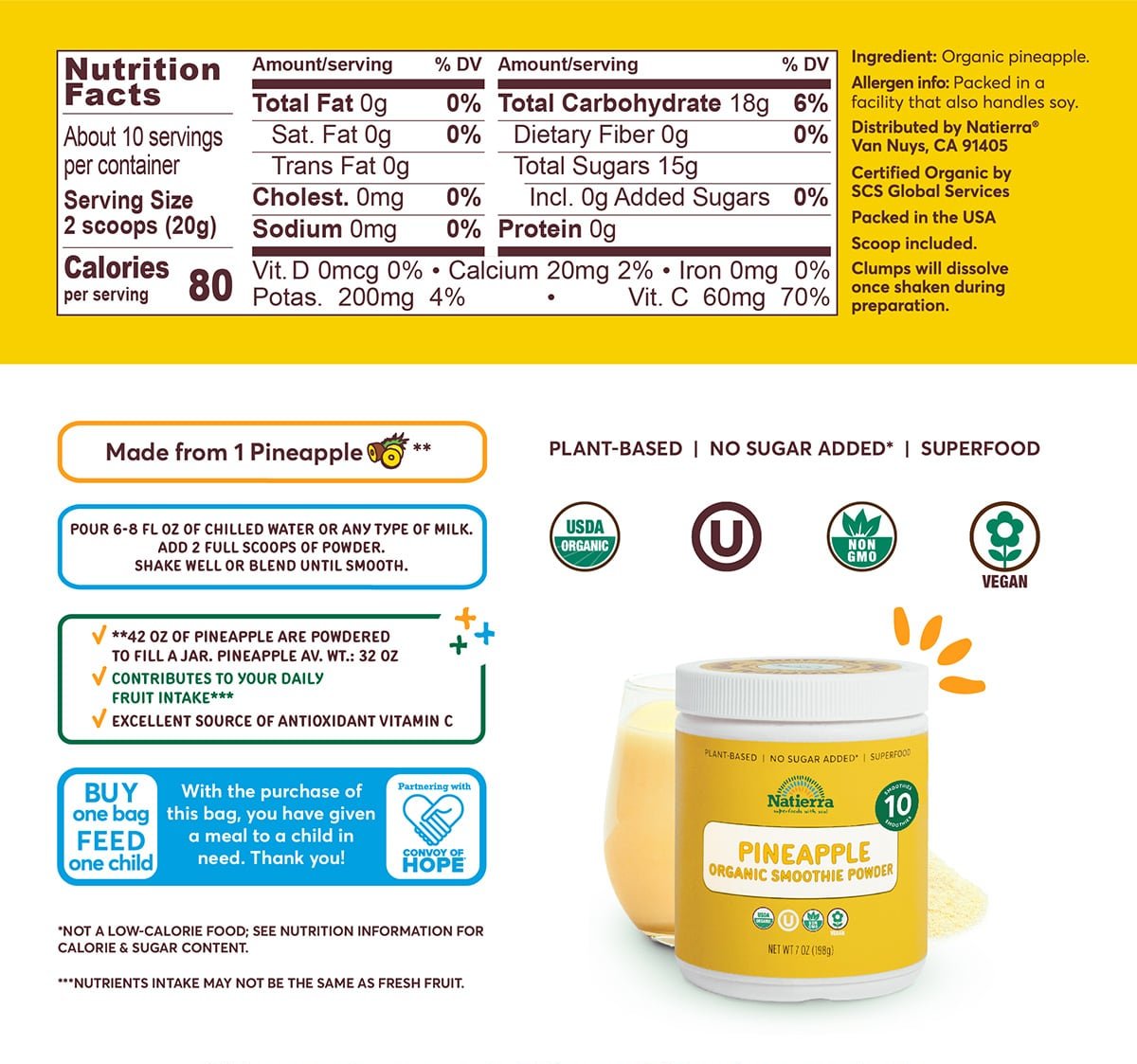 Nutritional Fact Panel Information of Pineapple Organic Smoothie