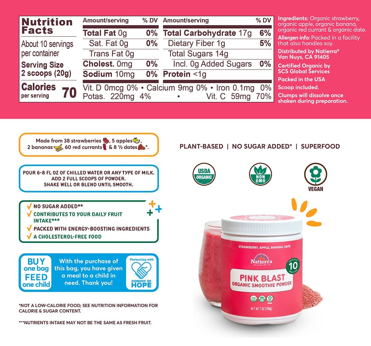 Nutritional Fact Panel Information of Pink Blast Organic Smoothie