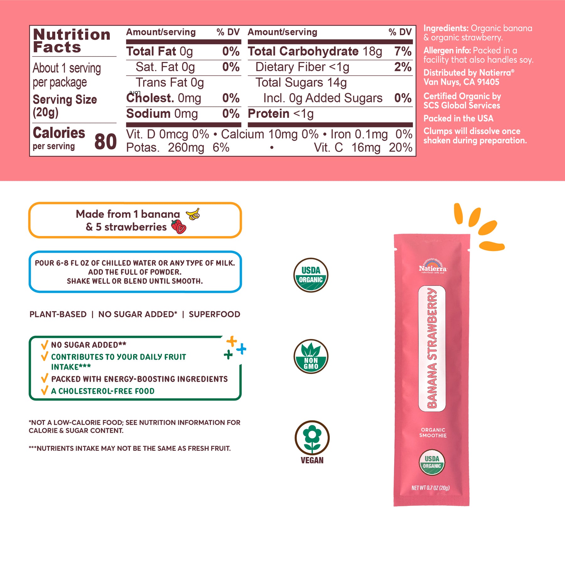 Nutritional Fact Panel Information of Banana Strawberry Organic Smoothie