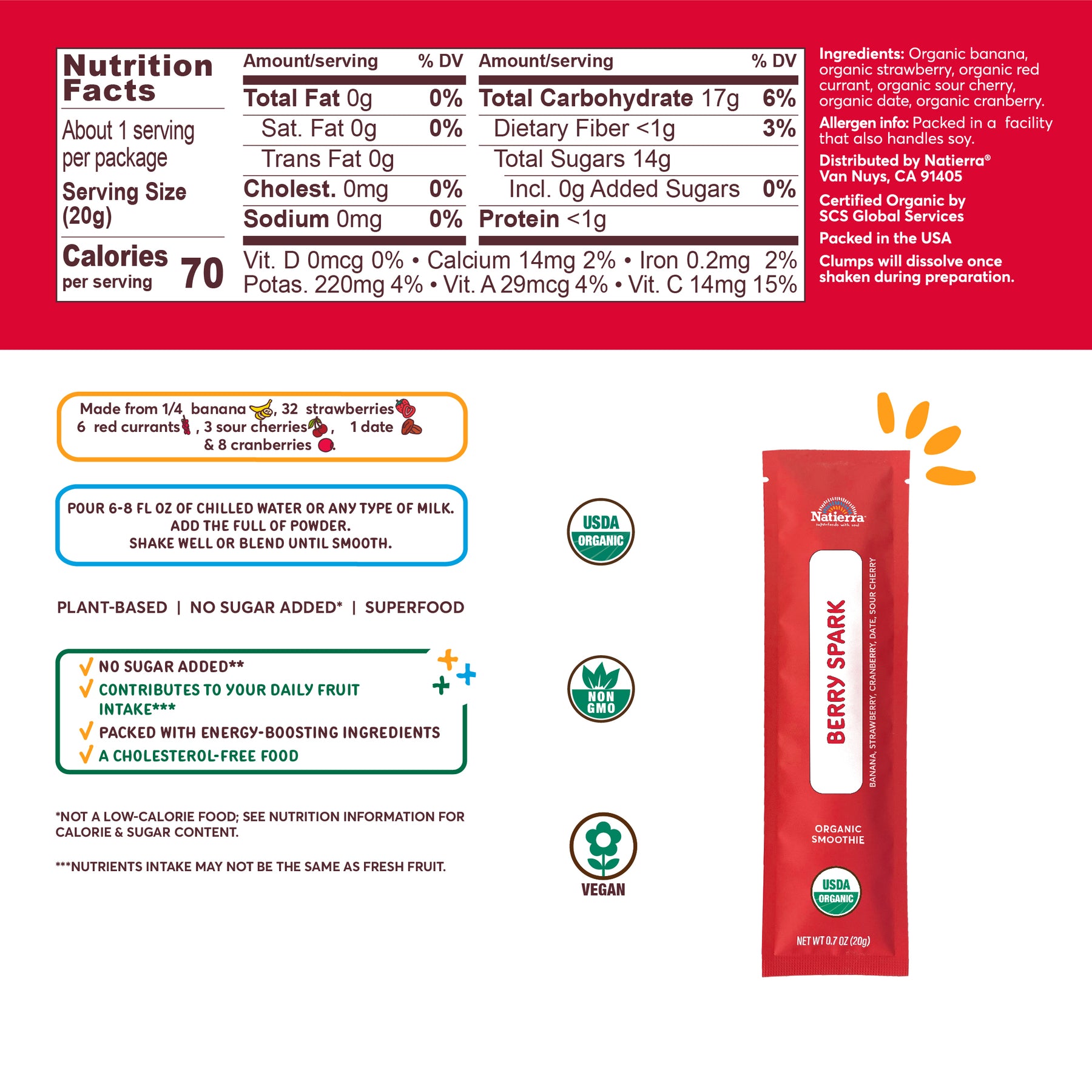 Nutritional Fact Panel Information of Berry Spark Organic Smoothie