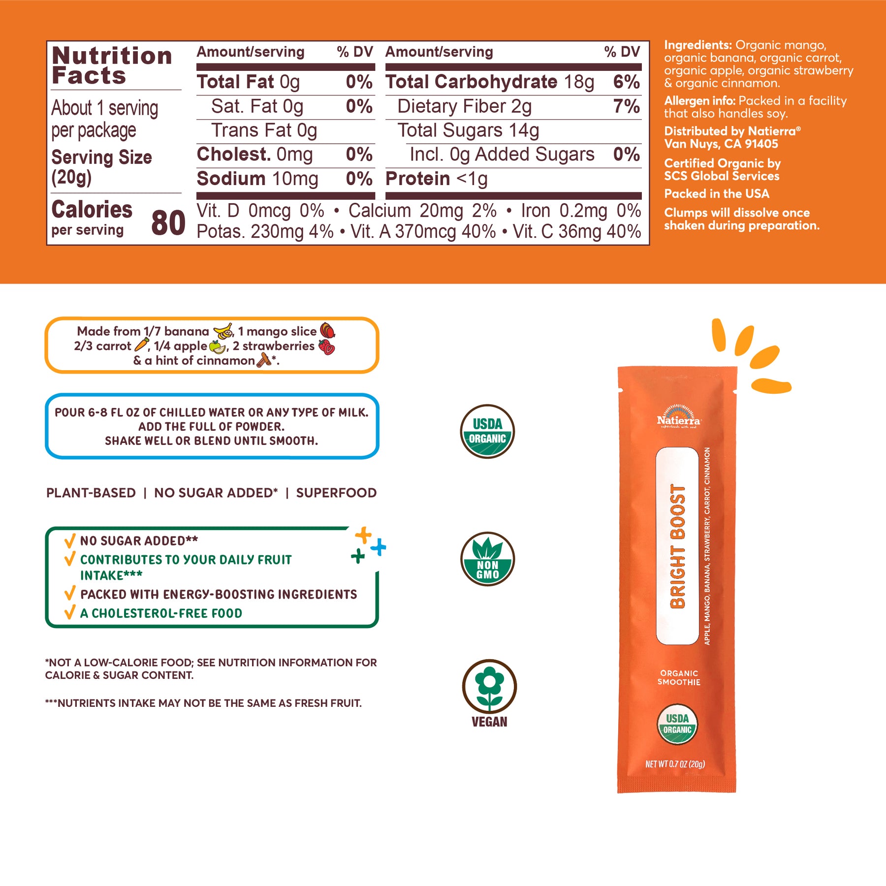 Nutritional Fact Panel Information of Bright Boost Organic Smoothie