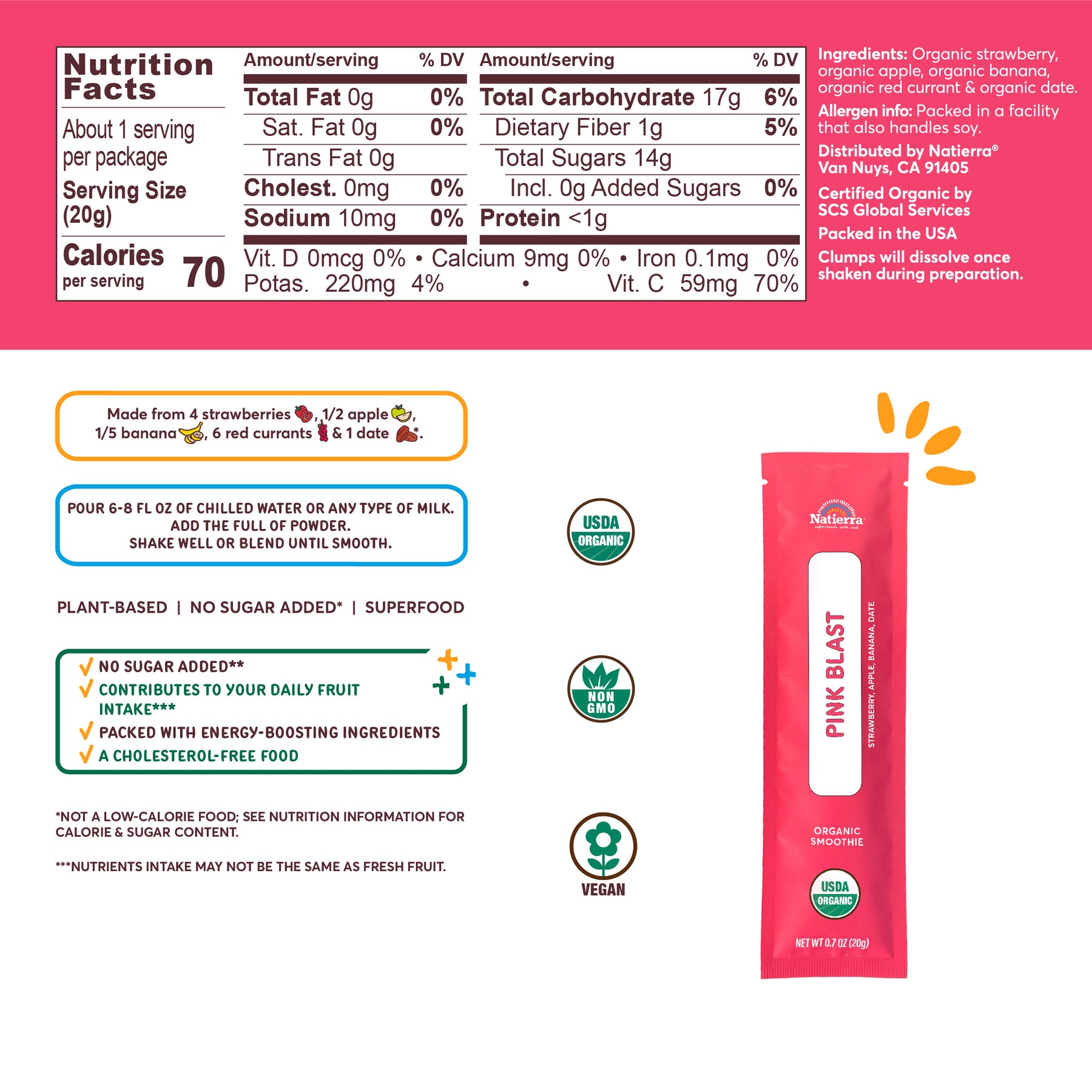 Nutritional Fact Panel Information of Pink Blast Organic Smoothie