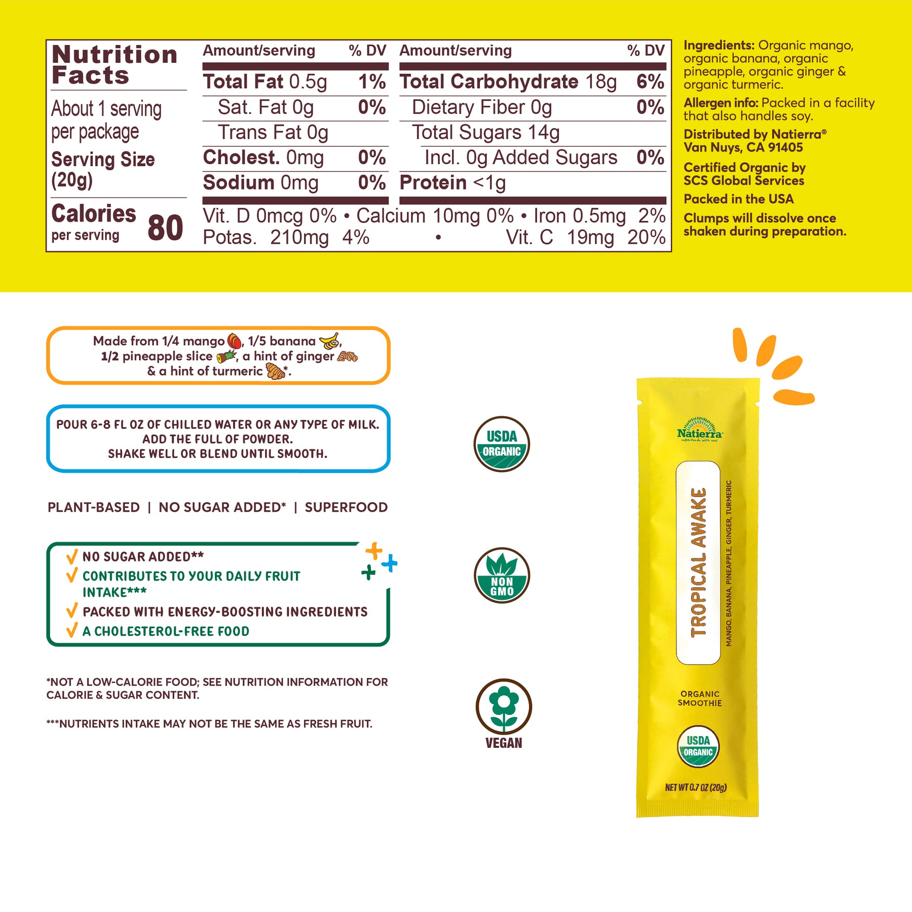 Nutritional Fact Panel Information of Tropical Awake Organic Smoothie