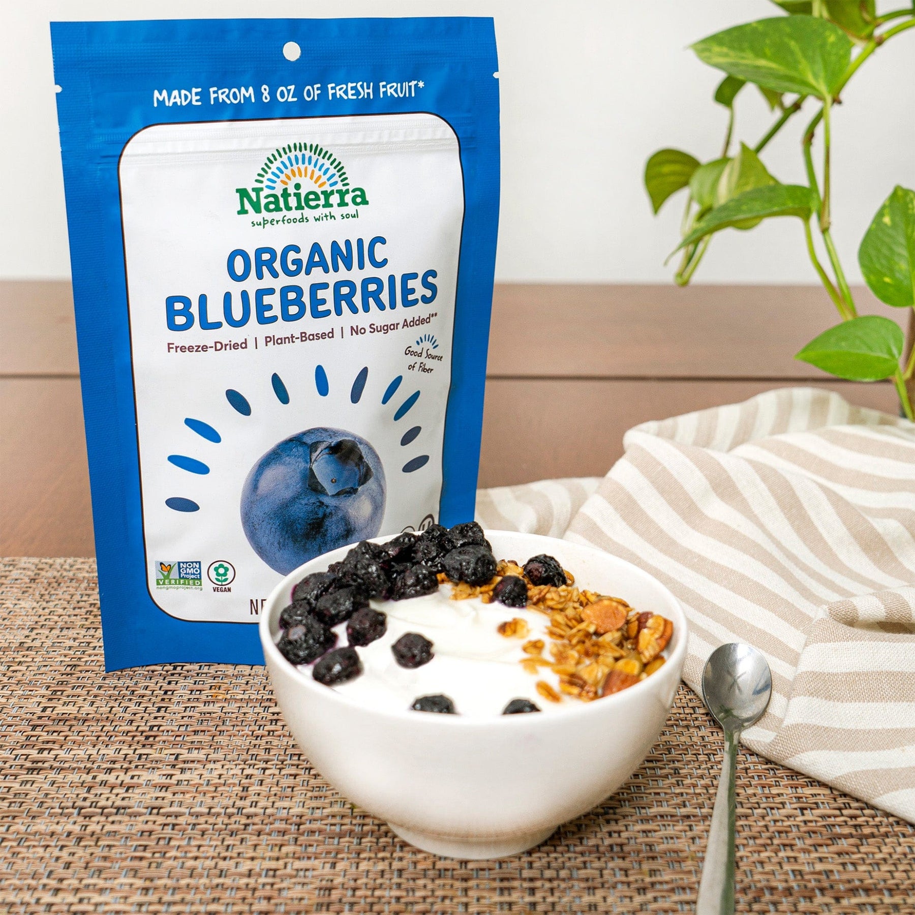 Yogurt bowl topped with Natierra Freeze-Dried Blueberries
