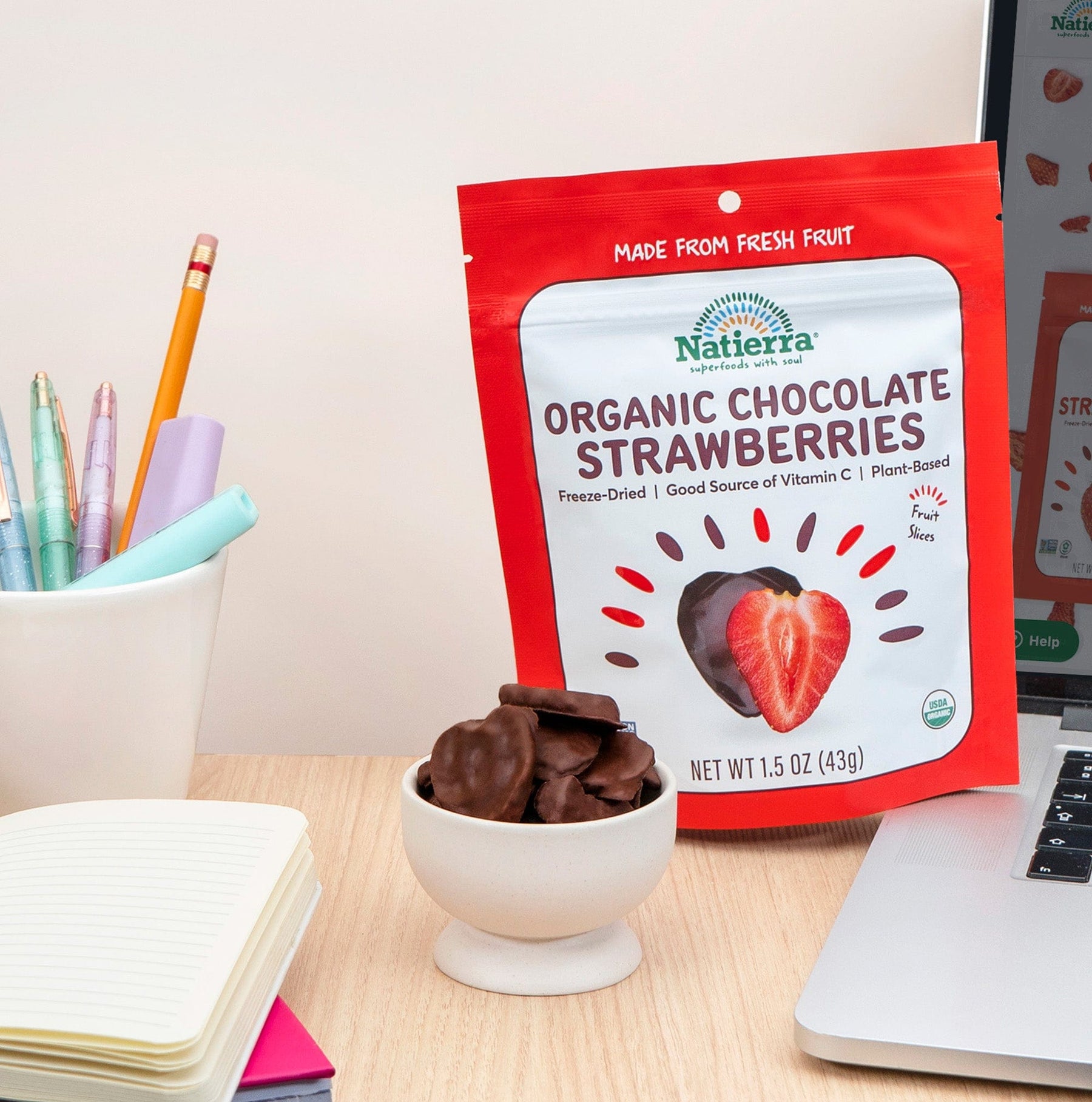 Natierra Organic Chocolate Covered Strawberries on an office desk