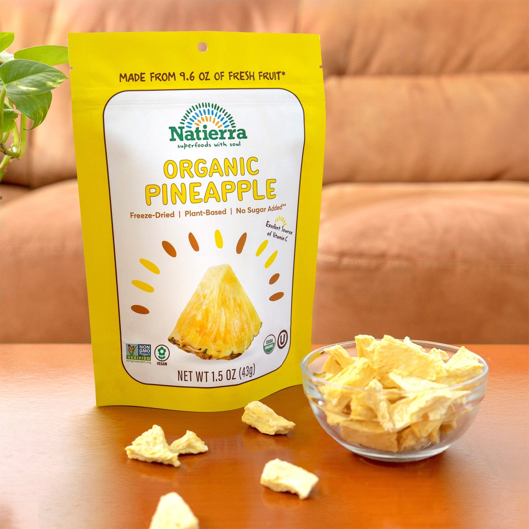 Natierra Organic Freeze-Dried Pineapple bag on a coffee table table