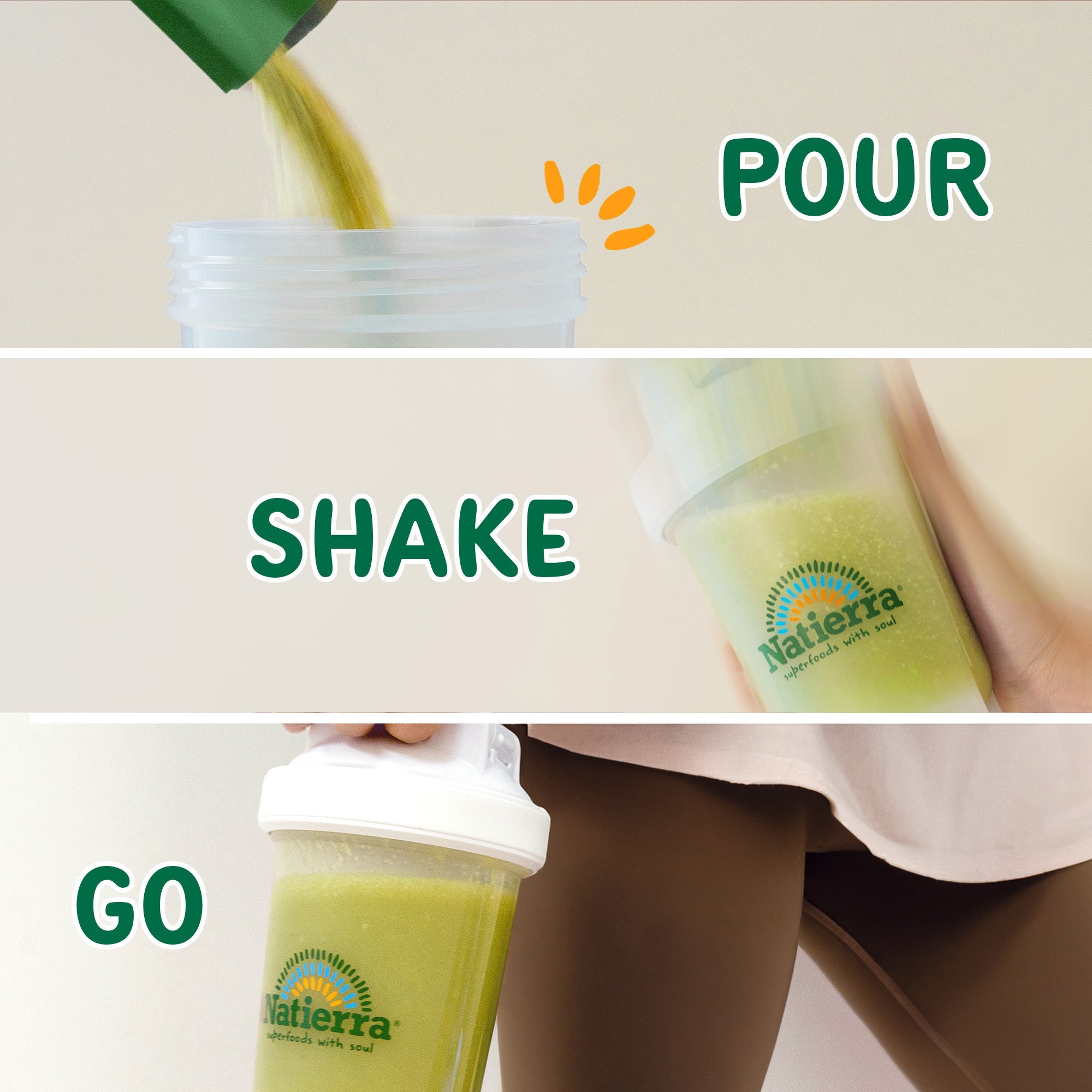 Shaker scenes of steps: pour, shake, go