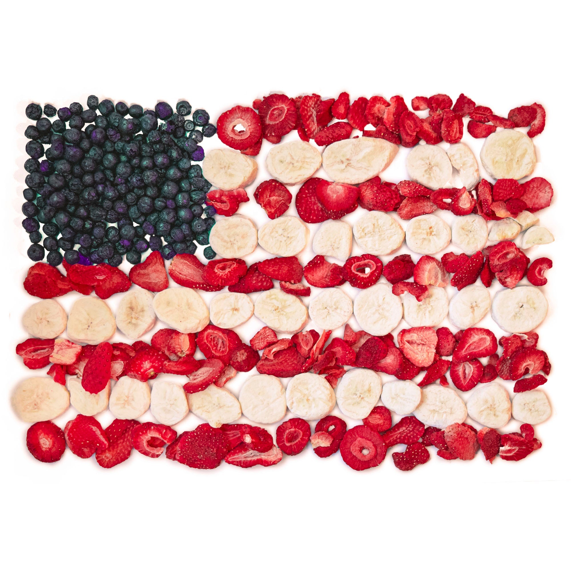 US flag made of freeze-dreid blueberries, bananas and strawberries