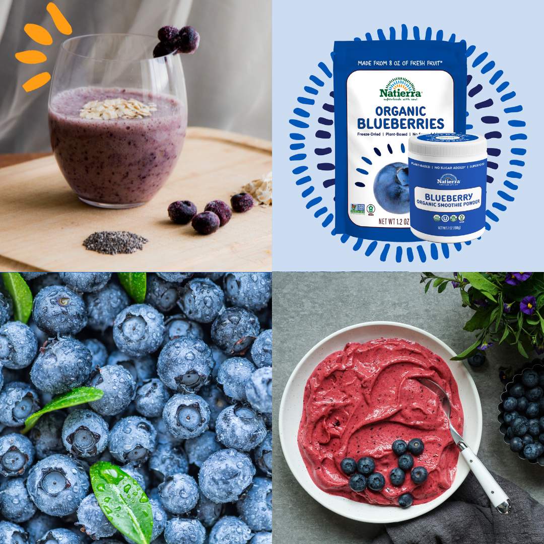 Four tile pictures of smoothie in a glass and bowl, and Natierra's freeze-dried fruits