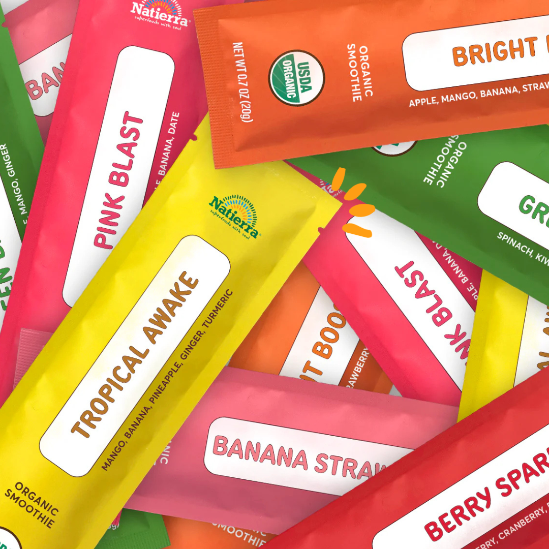Packets of organic smoothies piled up
