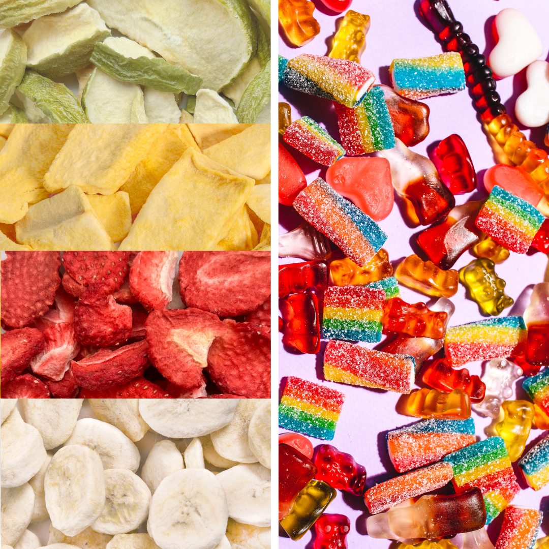 Freeze-dried fruits on one side and candy in the other side 