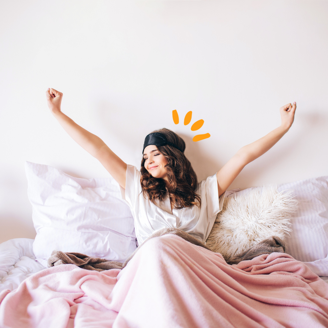 Woman waking up and stretching arms