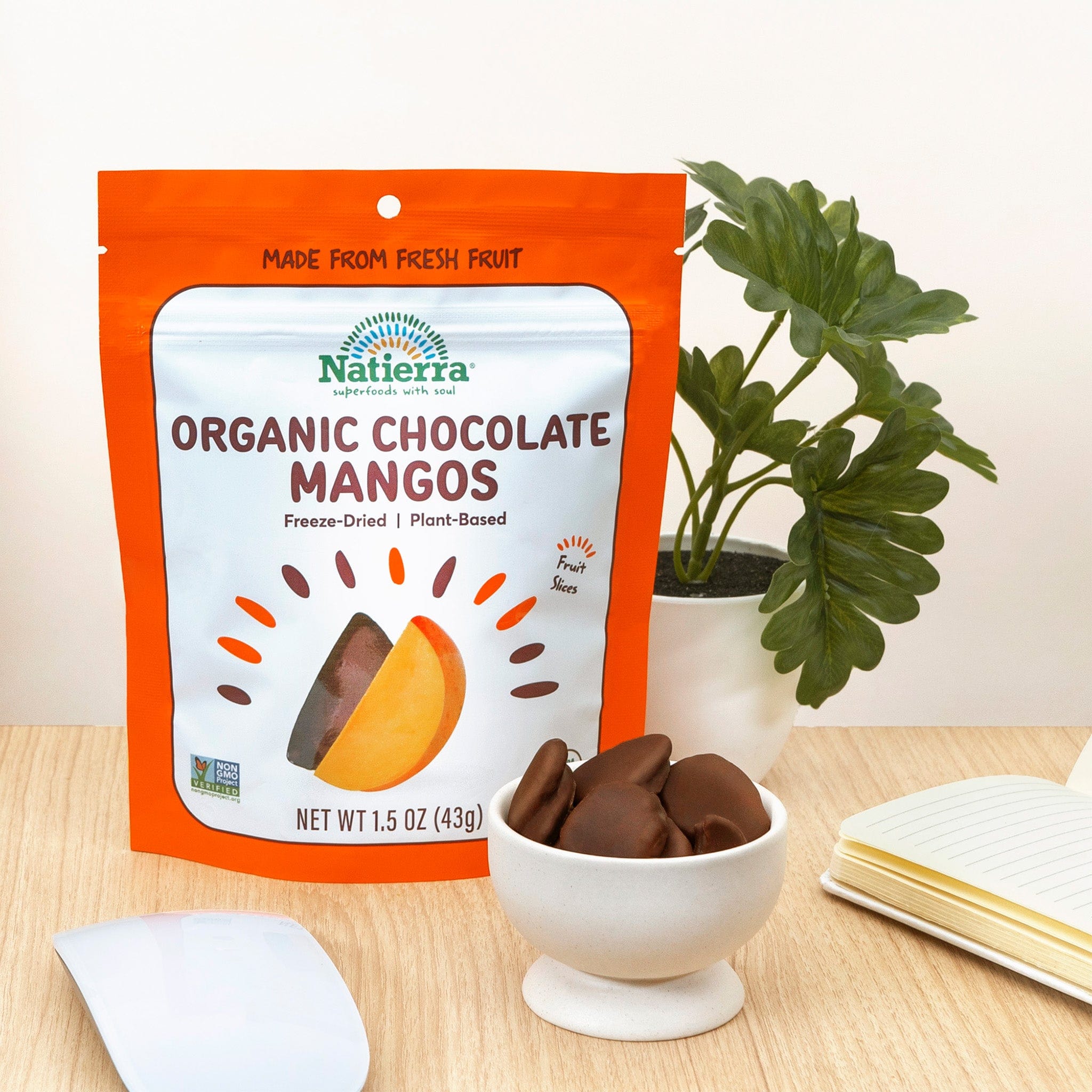 Chocolate-covered organic freeze-dried mangos