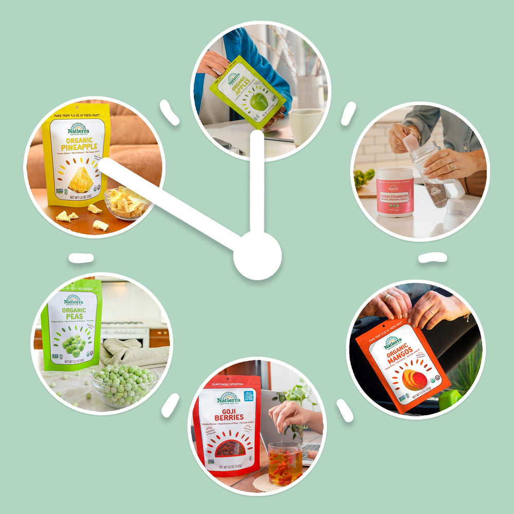 Clock graphic with images of snacks and smoothies