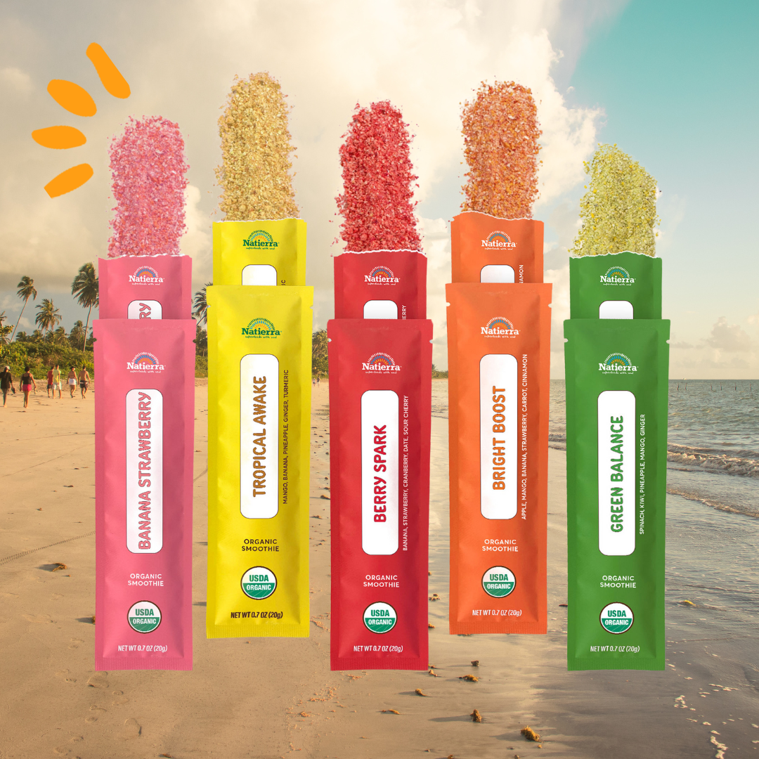 Summer exclusive smoothie box packets with a beach background