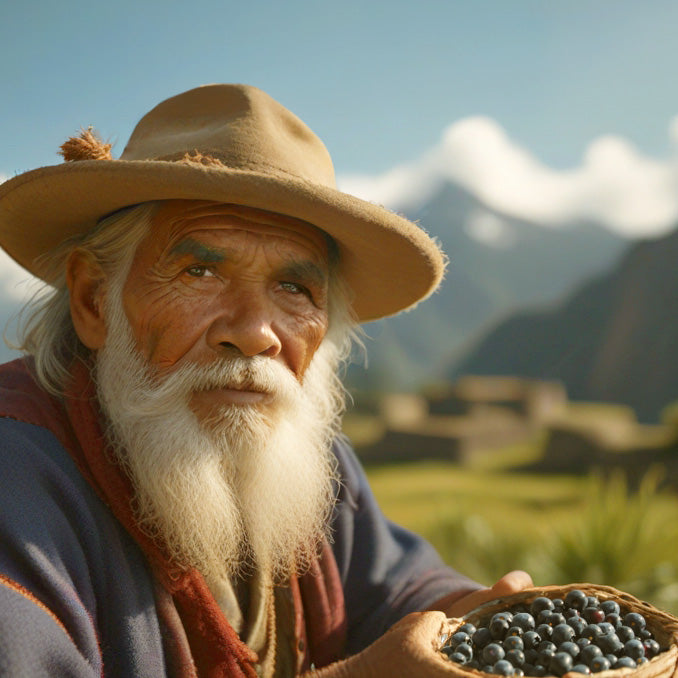 Man holding a small basket of blueberries