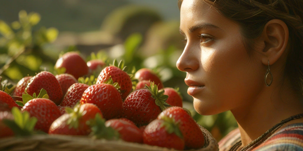 Portrait of a woman facing a basket full of fresh strawberries