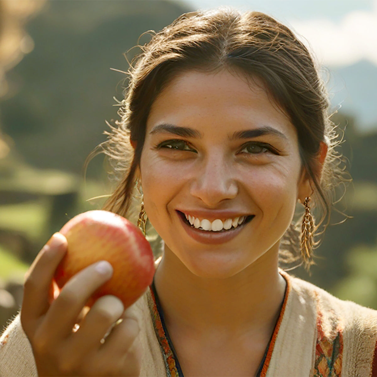 Portrait of a woman with brown hair holding an apple in her hand