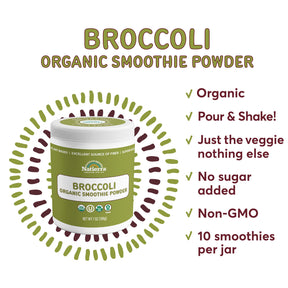 A jar of Natierra Brocoli Organic Smoothie Powder next to list of main product claims thumbnail