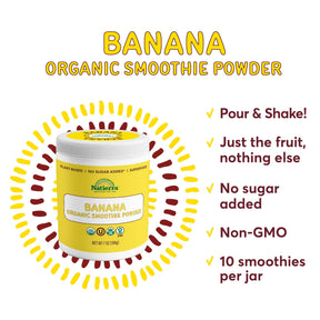 A jar of Natierra Banana Organic Smoothie Powder next to list of main product claims thumbnail