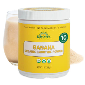 Natierra Banana Organic Smoothie jar with glass and powder in the background thumbnail