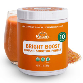 Natierra Bright Boost Organic Smoothie jar with glass and powder in the background thumbnail