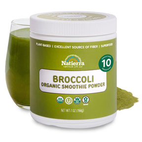 Natierra Broccoli Organic Smoothie jar with glass and powder in the background thumbnail