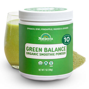 Natierra Green Balance Organic Smoothie jar with glass and powder in the background thumbnail