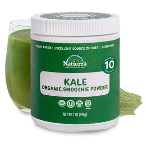 Natierra Kale Organic Smoothie jar with glass and powder in the background thumbnail