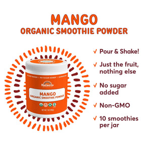 A jar of Natierra Mango Organic Smoothie Powder next to list of main product claims thumbnail