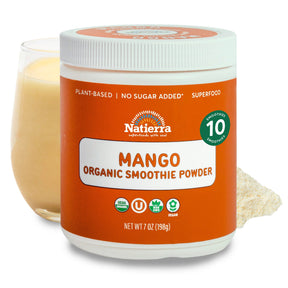 Natierra Mango Organic Smoothie jar with glass and powder in the background thumbnail