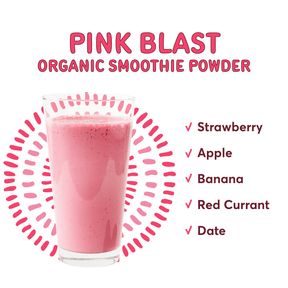 Natierra Pink Blast Organic Smoothie glass next to list of ingredients thumbnail