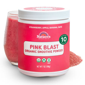 Natierra Pink Blast Organic Smoothie jar with glass and powder in the background thumbnail