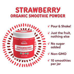 A jar of Natierra Strawberry Organic Smoothie Powder next to list of main product claims thumbnail