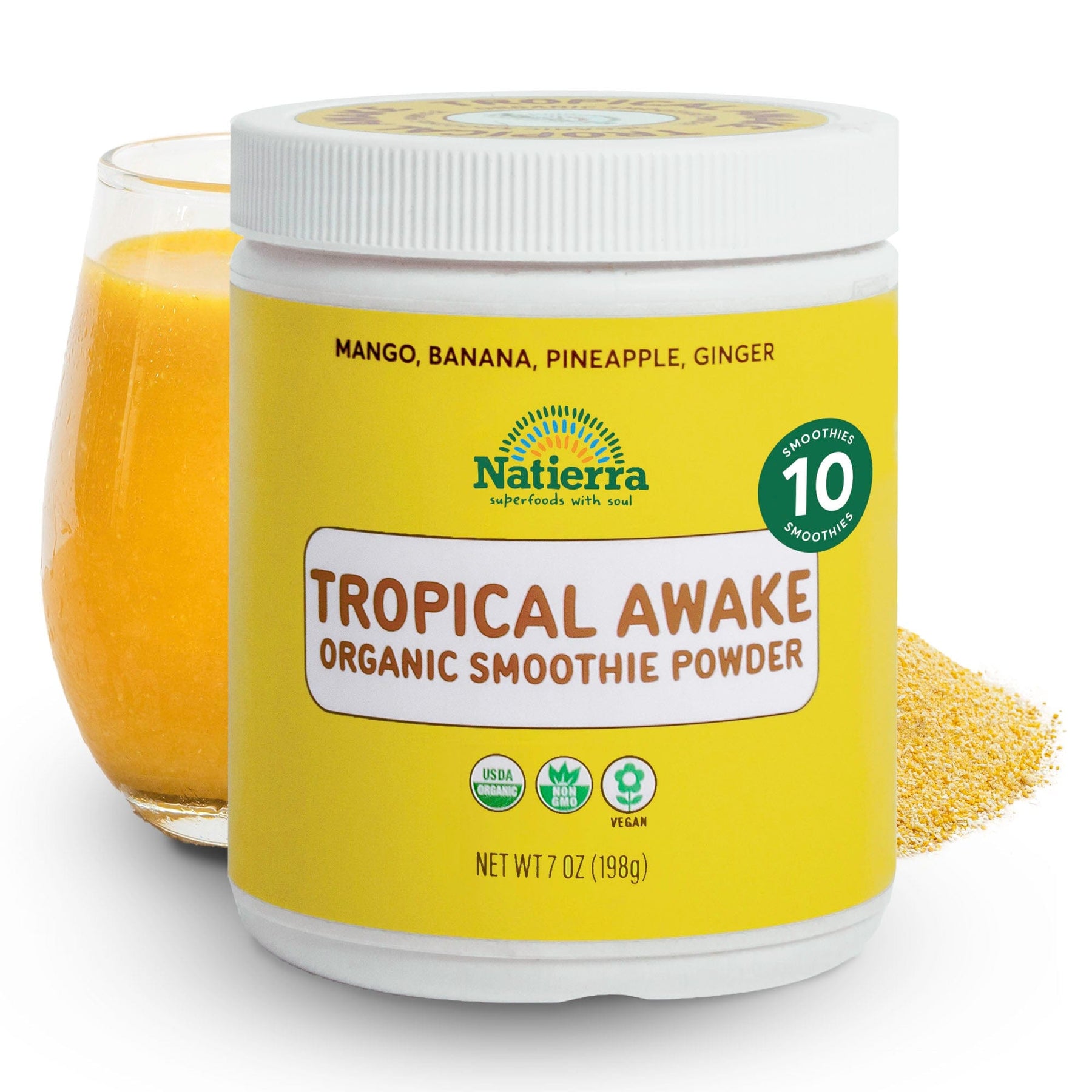 Natierra Tropical Awake Organic Smoothie jar with glass and powder in the background