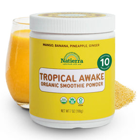 Natierra Tropical Awake Organic Smoothie jar with glass and powder in the background thumbnail